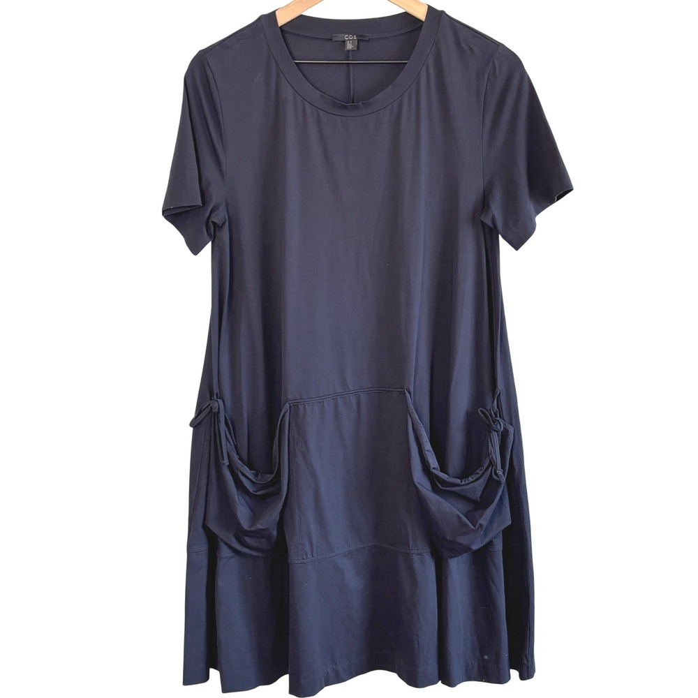 COS Navy Blue A-line T-Shirt Dress Front Pockets Womens M Minimalist Relaxed